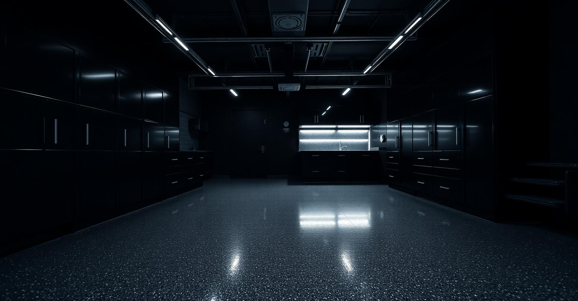 Dark garage with glossy flake epoxy floor