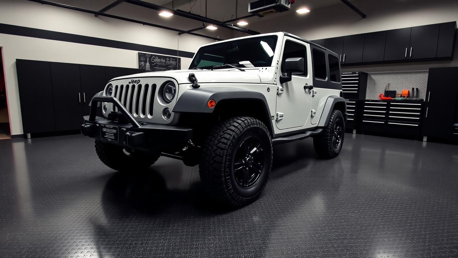 White Jeep on a dark flake epoxy garage floor